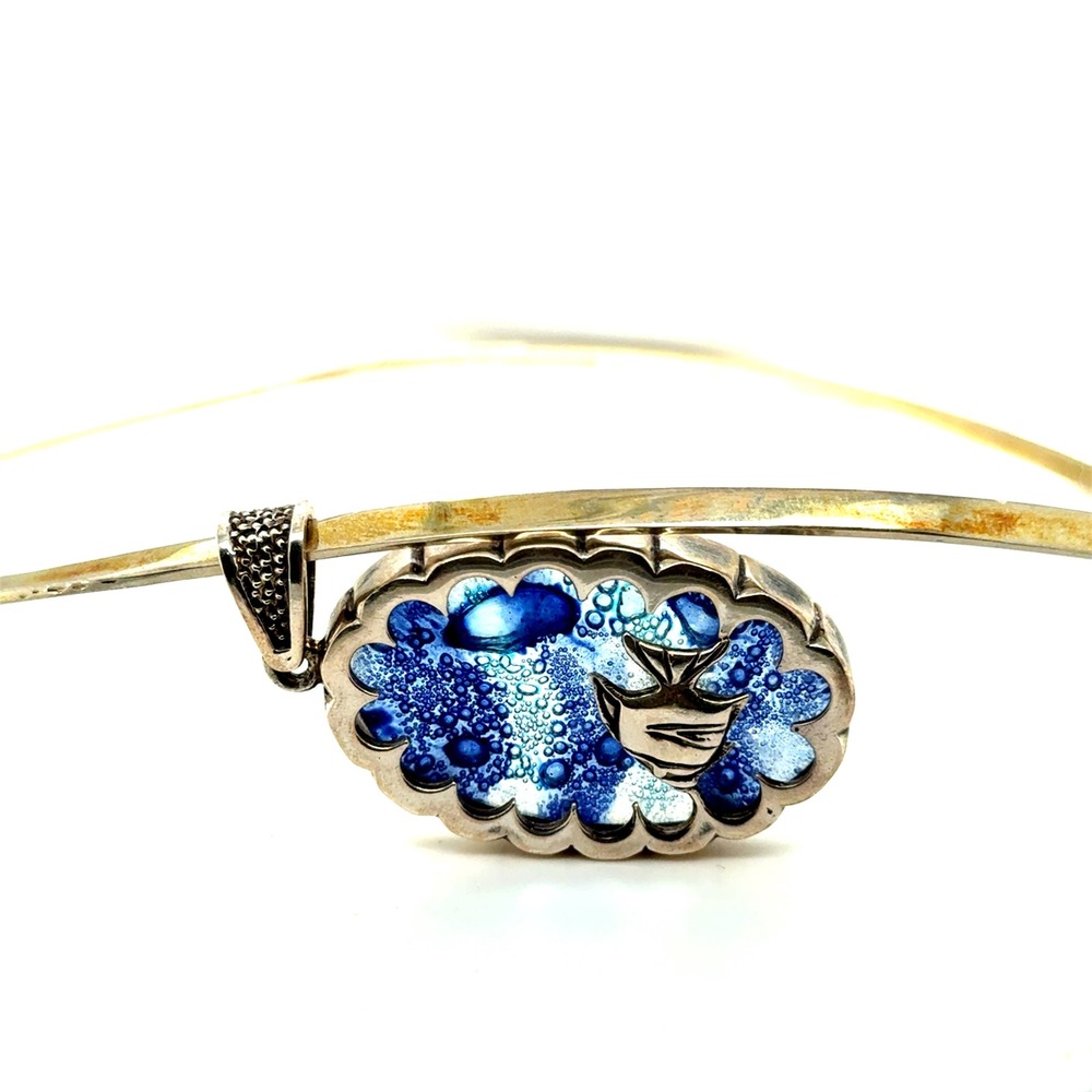 Vintage Sterling Silver Roman Glass Fish Pendant Collar Necklace Blue Iridescent